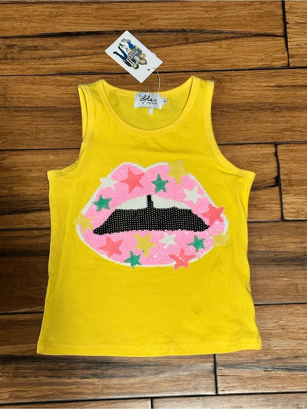 NWT Lola + The Boys Yellow Star Struck Tank Pink Sequin Star Lips Sz 4 - Picture 1 of 2